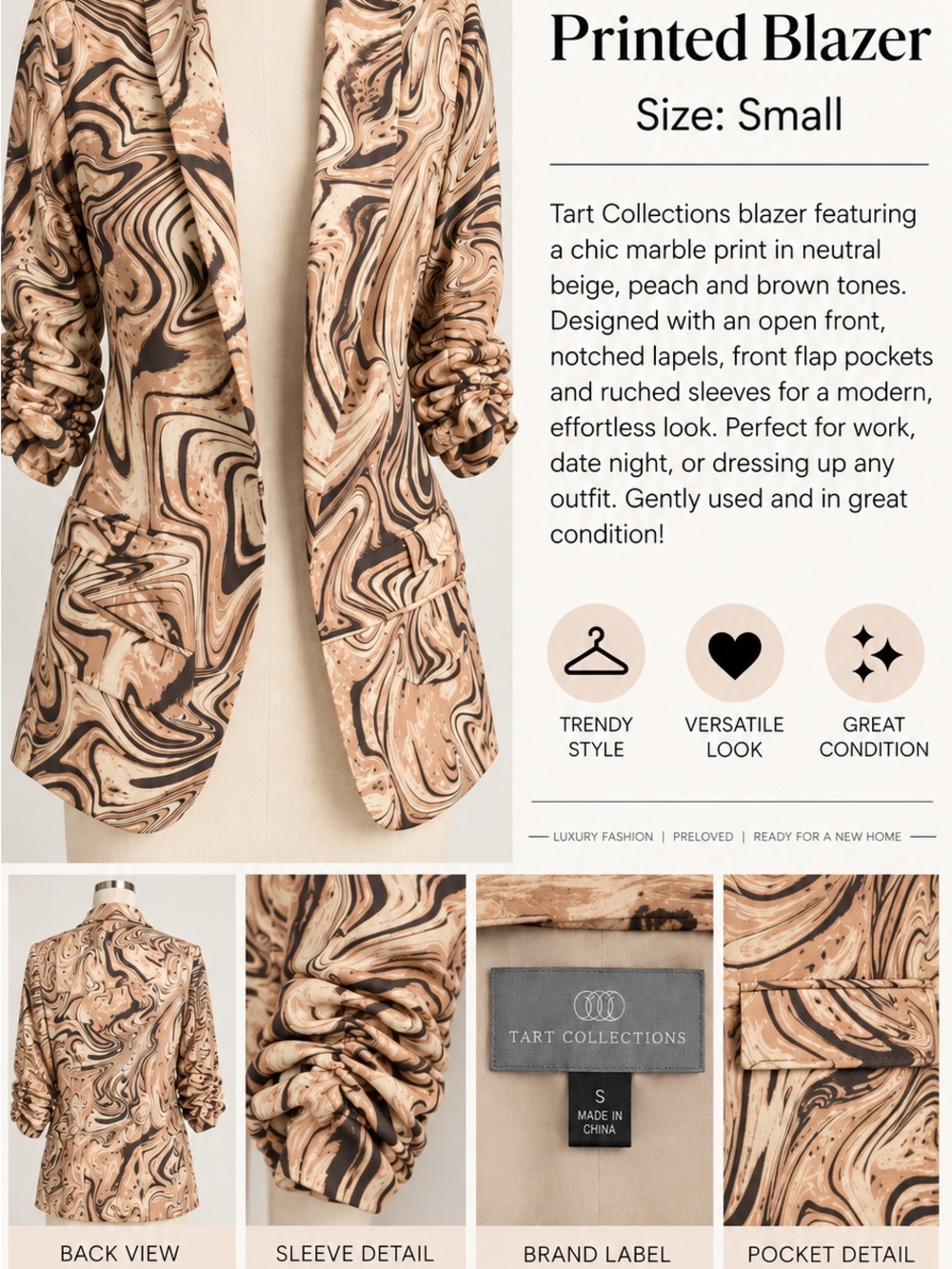 Tart Collections Marble-Print Blazer in Beige, Peach & Brown